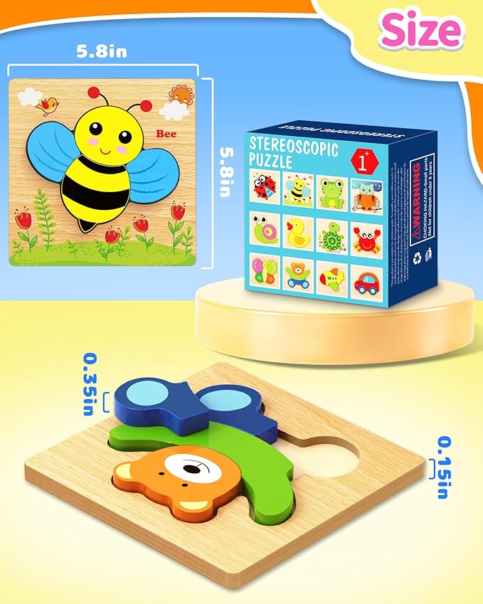 Bekayshad Wooden Puzzles Toddler Toys Gifts for 1 2 3 Year Old Boys Girls, 4 Pack Animal Jigsaw Puzzles Montessori Toys, Learning Educational Christmas Birthday Gifts for Girls Boys Ages 1-3