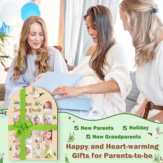 R HORSE 3D Mallard Duck 1st Birthday Wood Photo Display Board, One Lucky Duck Baby's First Year Picture Frame, 1-12 Months Milestone Board Birthday Decorations Keepsake Gift for Baby Nursery Decor