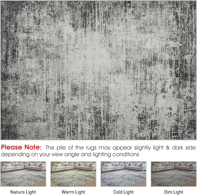 10x14 Area Rugs for Living Room: Soft Abstract Large Area Rug Non-Shedding Anti-Skid Stain Resistant Indoor Floor Modern Washable Rugs for Bedroom Dining Room Nursery Farmhouse Home Office-Black/Gray