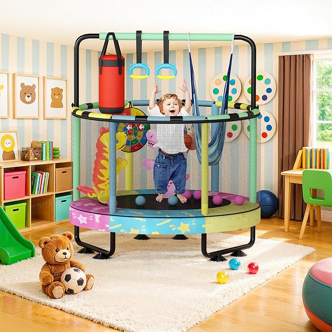 LAMERGE 55" 7-in-1 Round Trampoline for Kids Boys & Girls Ages 1-8, Indoor & Outdoor Trampoline for Fun, Adjustable Height Handrail & Enclosed Safety Net & Durable Designs for Toddlers Children