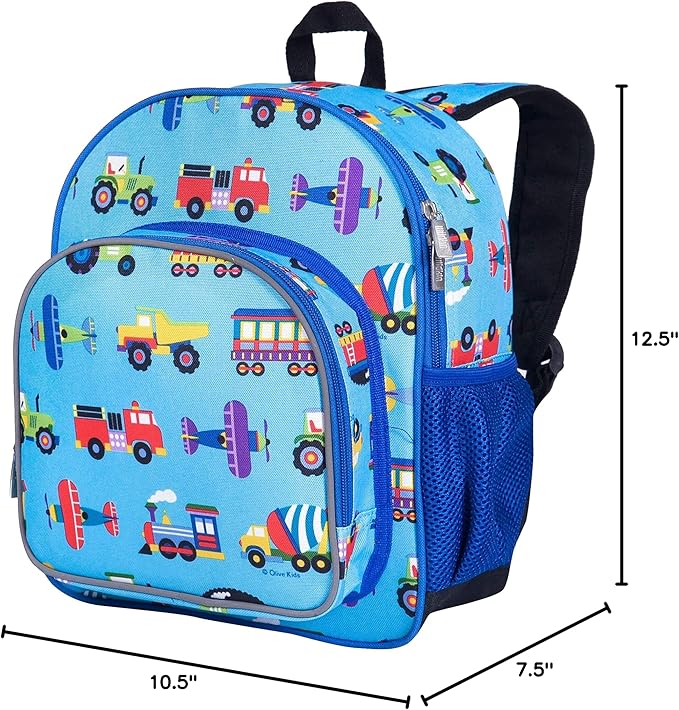 Wildkin 12-inch Kids Backpack – Padded, Adjustable, Ideal for Daycare & Travel - Trains, Planes, and Trucks