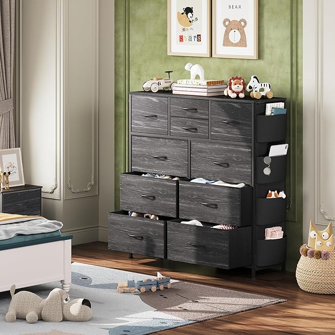 WLIVE Dresser for Bedroom with 10 Drawers, Fabric Dresser Chest of Drawers with Side Pockets and Hooks, Sturdy Metal Frame, Drawers Organizer Unit for Room, Hallway, Charcoal Black Wood Grain Print