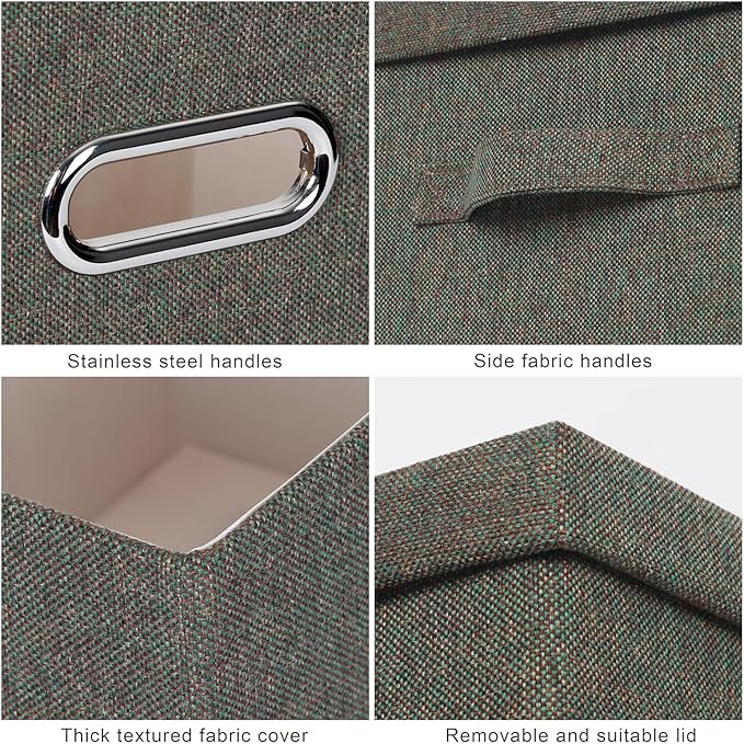 Large 17" 36 Quart Collapsible Stackable Storage Bins with Lids, 3 Packs Dark green Foldable Fabric Closet Storage Boxes with Lids, Heavy-duty Linen Cube Baskets(17x12x11)