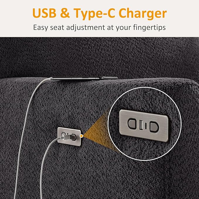 Power Swivel Glider Recliner Chair, Electric Nursery Rocker Recliner Chair, USB & Type-C Charger, Charcoal Gray Boucle