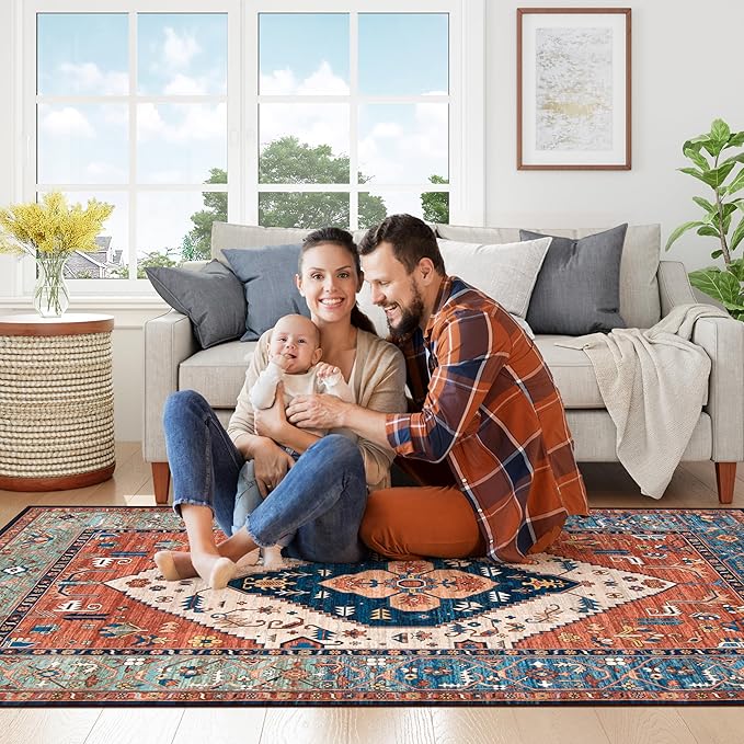 Lahome 8 x 10 Area Rugs for Living Room - Boho Washable Non-Slip Backing Large Rug Ultra-Thin Stain Resistant Dining Room Rugs for Under Table, Oriental Print Carpet Rugs for Bedroom (Rust, 8'x10')