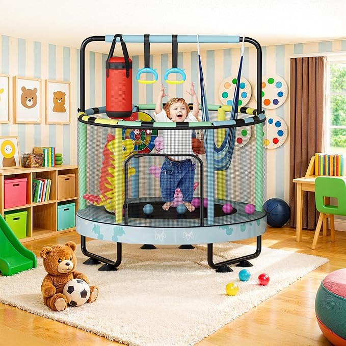 LAMERGE 55" 7-in-1 Round Trampoline for Kids Boys & Girls Ages 1-8, Indoor & Outdoor Trampoline for Fun, Adjustable Height Handrail & Enclosed Safety Net & Durable Designs for Toddlers Children