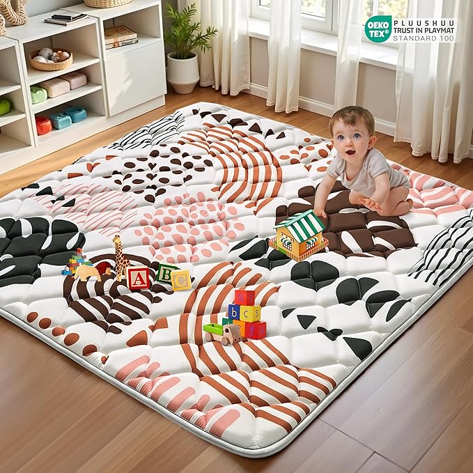 Baby Play Mats for Floor, 50x50 Playpen Mat for Babies, Extra Thicker & Soft Floor Crawling Mat, Foldable Non-Slip Playmat for Infants Toddlers, Boho Leaf Dark Brown