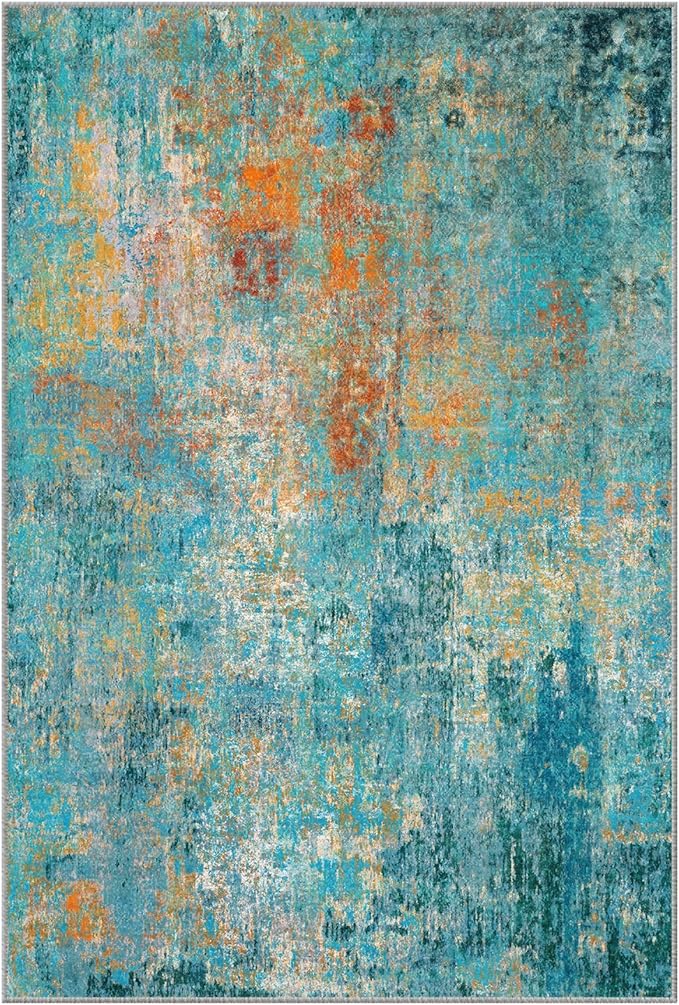 Washable Area Rugs 7'x9' Non-Slip Modern Abstract Soft for Living Room Entryway Bedroom Nursery, Print Pattern, Teal Blue Green Orange Rust Red Colorful