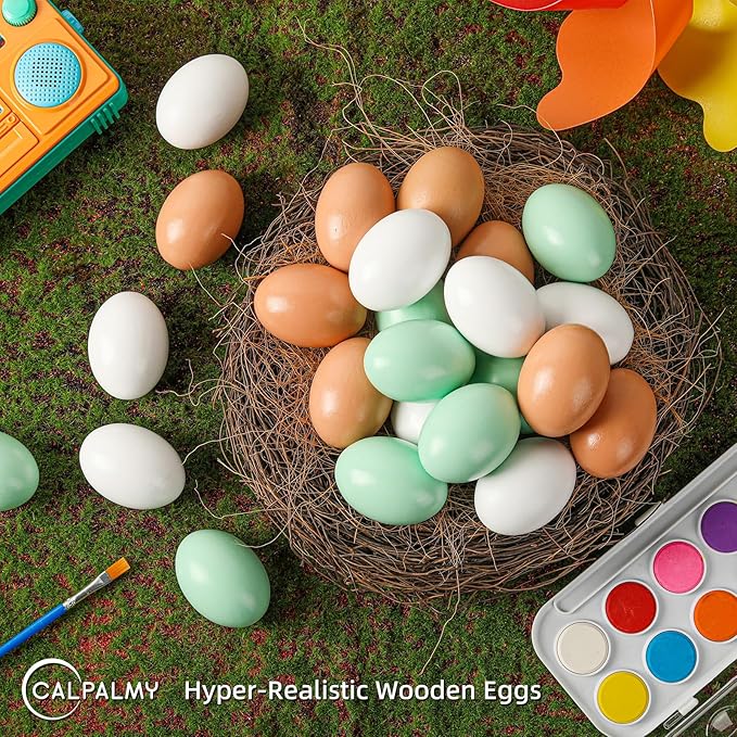 CALPALMY (24 Pieces) Hyper-Realistic Wooden Eggs - 3 Colors Wooden Fake Eggs for Easter, Painting, Decorating, Crafting, Fake Food, and Nest Box Training (8pcs Brown, 8pcs White, 8pcs Green)