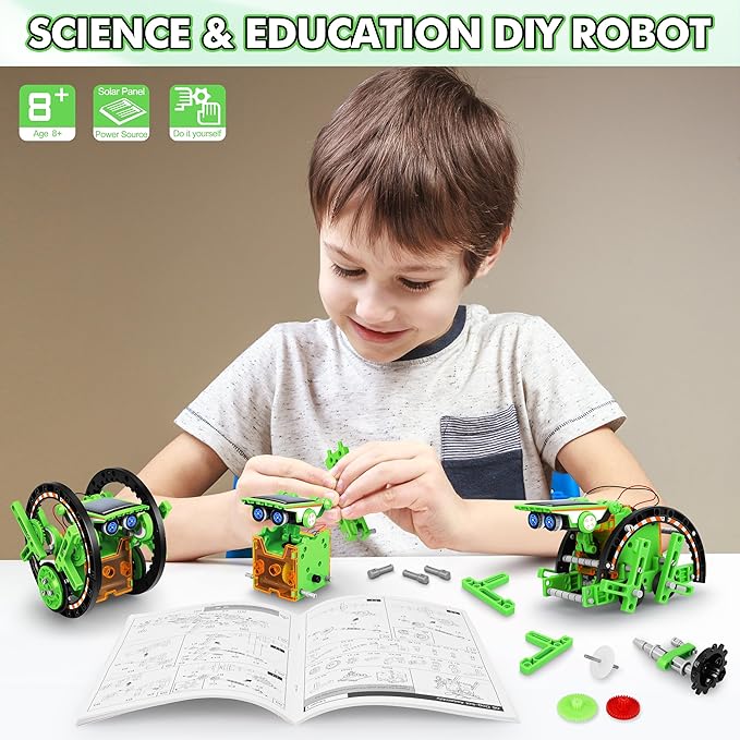 Bottleboom STEM 13-in-1 Education Solar Power Robots Toys for Boys Age 8-12, Educational Toy Science Kits for Kids Experiment Robotics Set Birthday Gifts for 8 9 10 11 12 Years Old-Green