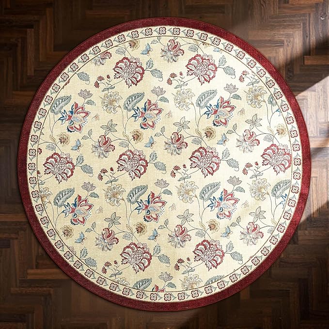 jinchan 8ft Floral Round Rug for Dining Room Washable Living Room Rug Vintage Romance Design Non Slip Indoor Floor Cover Lightweight Low-Profile Throw Carpet for Bedroom Porch Patio, Red/Beige