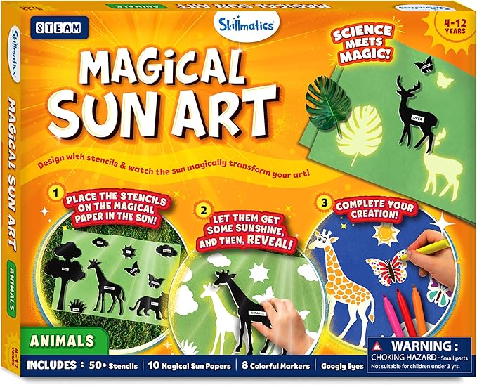 Skillmatics Sun Paper Art Kit - STEM Craft Kit for Kids with Decorative Paper, Stencils & Markers, Create with Sunlight, Mess-Free, Indoor Fun, Gifts for Ages 4, 5, 6, 7, 8, 9, 10, 11, 12