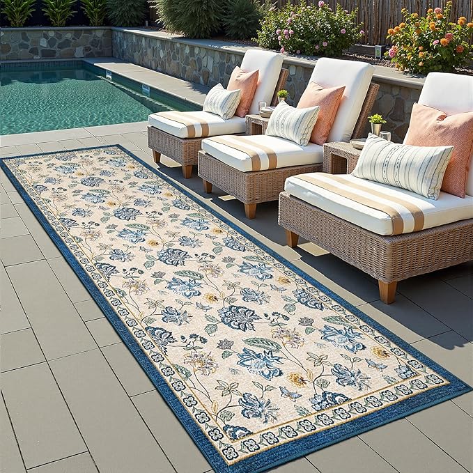 jinchan 3x8 Floral Runner Rug for Hallway Washable Kitchen Runner Vintage Romance Design Non Slip Thin Indoor Floor Cover Low-Profile Throw Carpet for Entryway Bathroom Bedroom Porch, Blue/Beige