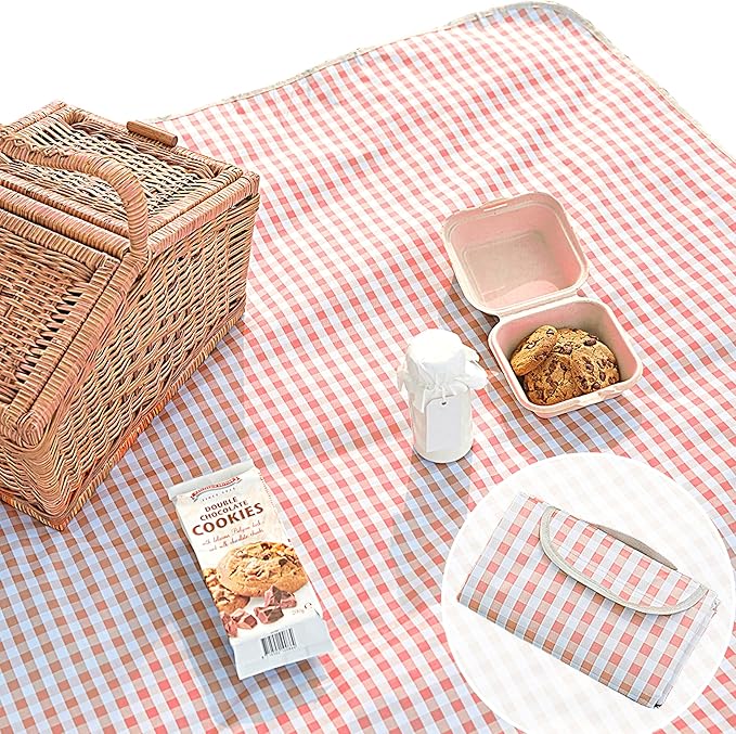 Cute Gingham Picnic Blanket, Waterproof Foldable, in Large 80x60in and Extra Large 80x80in, Portable Compact Beach Blanket, Oversized XL Outdoor Mat (Coral Pink, Large)