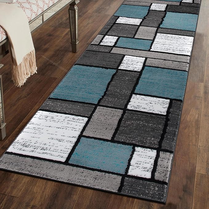 Rugshop Contemporary Modern Boxes for Home Office,Living Room,Bedroom,Kitchen Non Shedding Runner Rug 2'7" x 10' Blue