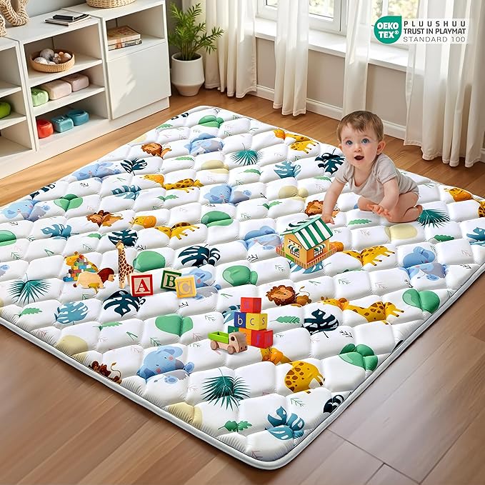 Baby Play Mats for Floor, 43x43 Playpen Mat for Babies, Extra Thicker & Soft Floor Crawling Mat, Foldable Non-Slip Playmat Cushioned for Infants Toddlers, Cute Animal Design