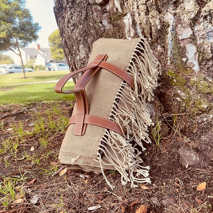Picnic Blanket Extra Large Waterproof with Strap 59"x79" - Machine Washable Tassels Faux Wool Cashmere for Park, Grass, Camping, Hiking, Concerts (Coffee, 59"X79")