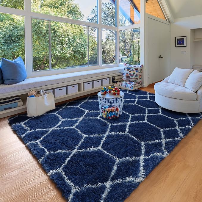 ONASAR Large 8x10 Area Rugs for Living Room, Fluffy Geometric Navy and White Rug for Boys Bedroom Home Decor Aesthetic, Soft Shaggy Plush Floor Carpet for Girls Teen Nursery Playroom Office Dorm