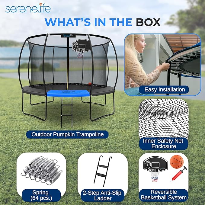 SereneLife 8FT 10FT 12FT 14FT Outdoor Trampoline for Kids - Recreational Backyard Trampoline with Curved Safety Poles and Net Enclosure- ASTM Approval for Kids Adults