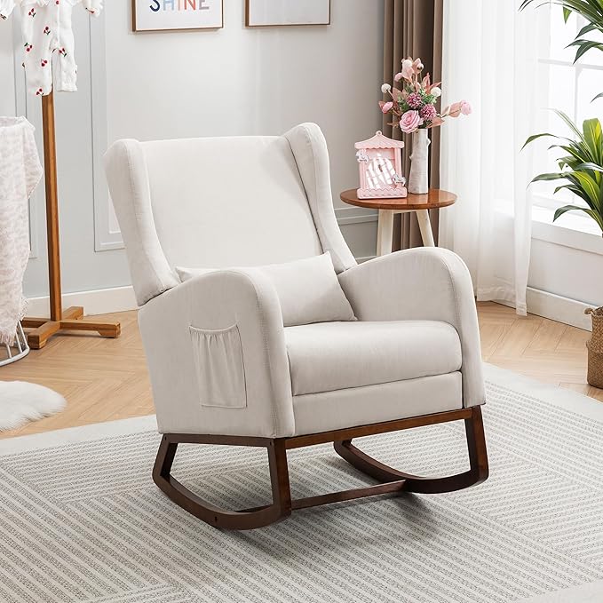 Rocking Chair Nursery Glider Chair with Foot Rest, Nursery Rocking Chairs with Rubber Wood Legs Side Pocket, High Back Nursing Chair, Accent Rocker Arm Chair Baby Bedroom, Living Room, Beige