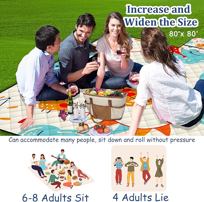 Poedist Extra Large Picnic Blanket Waterproof,80"x 80"Foldable Machine Washable Beach Blanket,Outdoor Blanket for 6-8 Adults,Suitable for Indoor Crawling,Park Beach,Camping,Hiking,Family Travel(Sun)