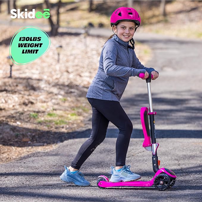 SKIDEE Kick Scooters for Kids Ages 3-5, Adjustable Height Foldable Scooter with Removable Seat, 3 LED Light Wheels, Rear Brake, Wide Standing Board, Suitable Up to 12 Year Old Boys/Girls