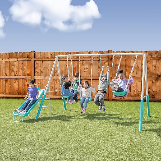 Sportspower MSC-4510-TL Arcadia Metal Swing Set with 5’ Slide, Trapeze, & 2-Person Glider Swing, Teal