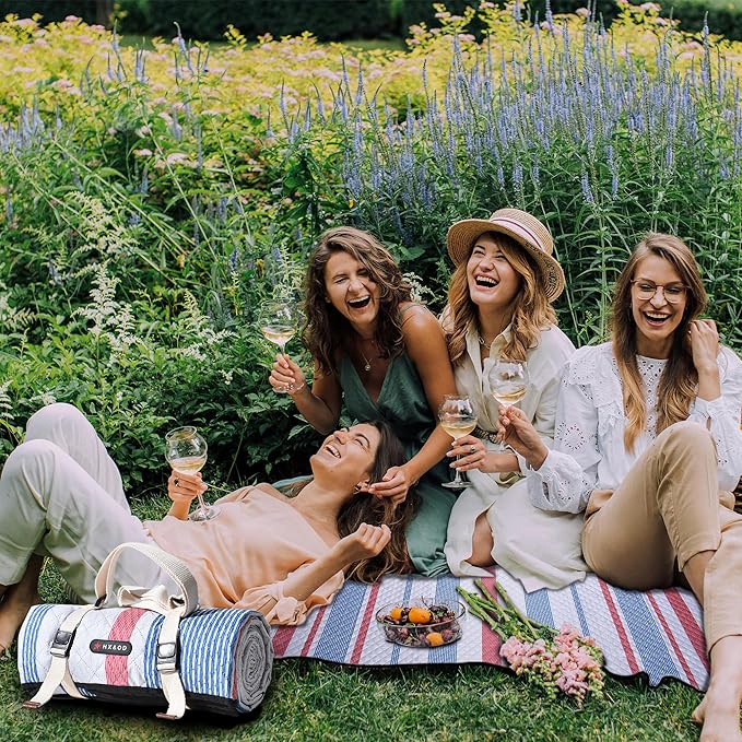 Waterproof Picnic Mat, Outdoor Camping Oversized Field Blanket. Portable Thickened Camping Blanket, Suitable for Beach, Camping, Music Festival, Party, Outdoor Adventure. (Red&Blue&White, 80”x60”)