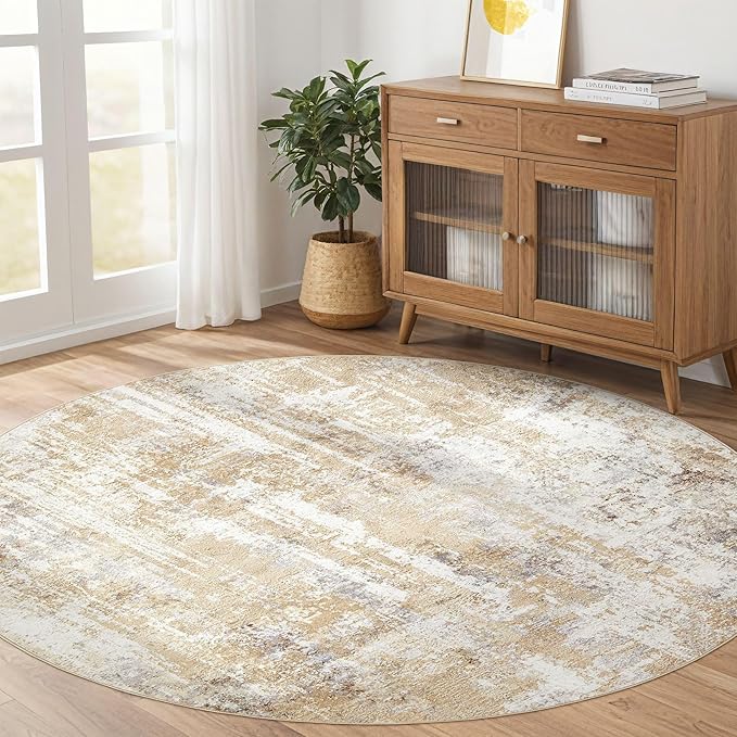 Round Rug Living Room Rugs: 10x10 Washable Circle Large Abstract Modern Soft Stain Resistant Non-Slip Indoor Floor Carpet for Bedroom Nursery Office Dining Room Playroom Home House Decor - Gray Gold
