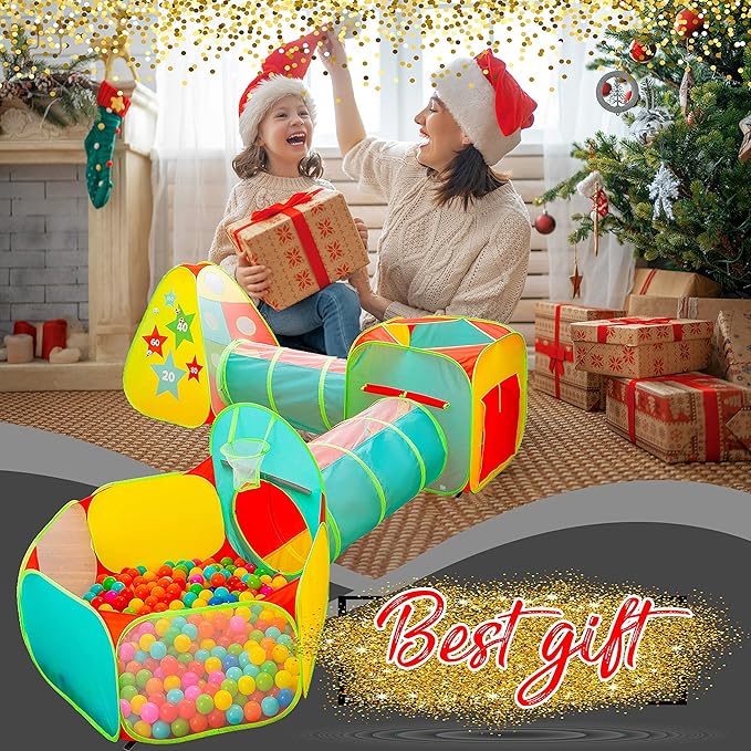 5pc Kids Play Tent for Toddlers with Ball Pit, Crawl Tunnel, Indoor & Outdoor Playhouse, Jungle Gym, Toys for Boys & Girls, Includes Dart Balls, Teepee & Basketball Hoops