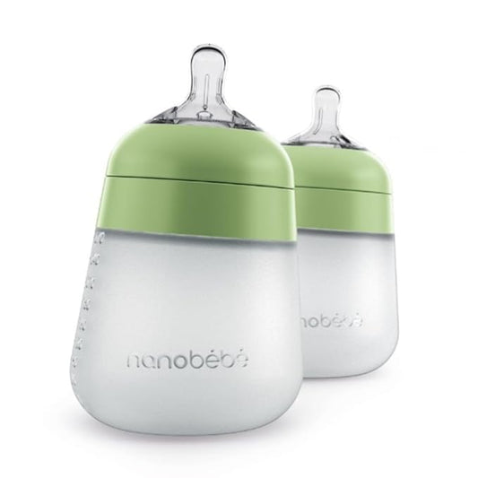 Nanobebe Flexy Silicone Baby Bottle, Anti-Colic, Natural Feel, Non-Collapsing Nipple, Non-Tip Stable Base, Easy to Clean 2-Pack, Sage, 9oz