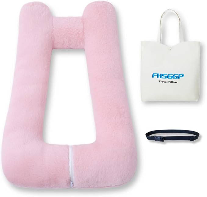 Travel Pillow Upgraded Version of Aircraft Travel Neck Pillow with Storage Bag, Sleep Pillows for Travel by Train, Car, or Plane, Supporting The Head and Body, Travel Pillow for Kids Pink