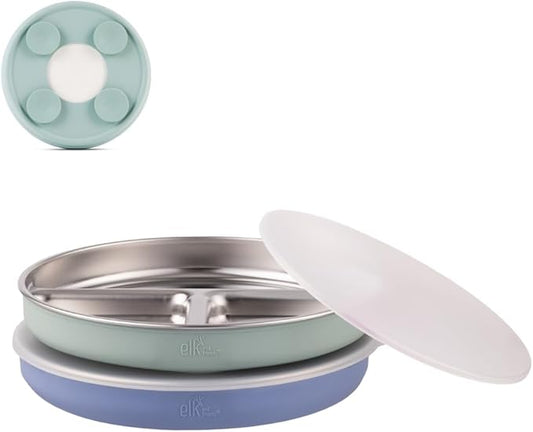 Elk and Friends Stainless Steel Divided Plates with Silicone Sleeve for Babies & Toddlers | Lids Included | Stay Put Suction | Dinner & Snack Plates | 2 Pack