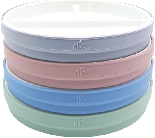 Elk and Friends Kids 7.8” Porcelain White Plates with Silicone Sleeves | Divided Plates | Suitable for Kids/Toddlers | Microwave & Dishwasher Safe | Non Slip | Snack Dishes…