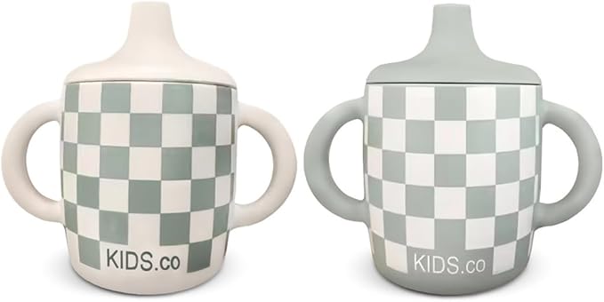 Silicone Sippy Cups with Easy Grip Transition Handles and a Soft Spout. A Non Txoic No Spill Unbreakable Training Cup. 150ml/5oz |2-PACK Sandy Shore & Green Checkers|