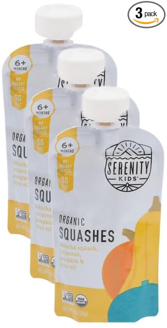 Serenity Kids 6+ Months USDA Organic Veggie Puree Baby Food Pouches | No Sugary Fruits or Added Sugar | Allergen Free | 3.5 Ounce BPA-Free Pouch | Squashes | 1 Count (Pack of 3)