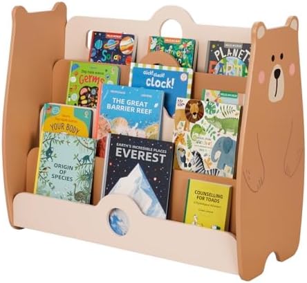OOOK Montessori Bookshelf for Kids, Pine Wood Baby Bookshelf, Bear Toddler Book Shelf for Nursery, Playroom, Classroom