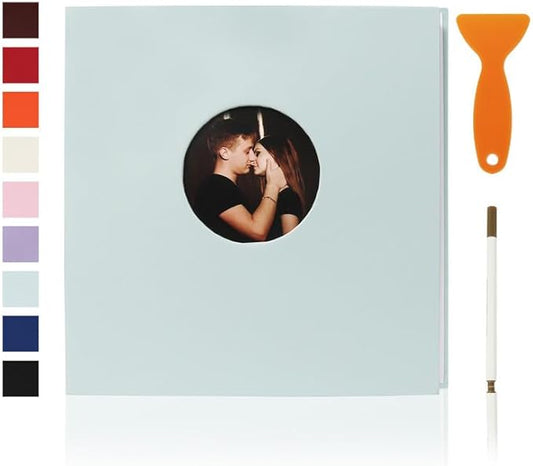 RECUTMS Photo Album Self Adhesive with Round Window 4x6 5x7 6x8 8x10 Magnetic Scrapbook with 40 Pages Leather Cover DIY Photo Album with Metallic Pen and Scraping Plate (Sky Blue)