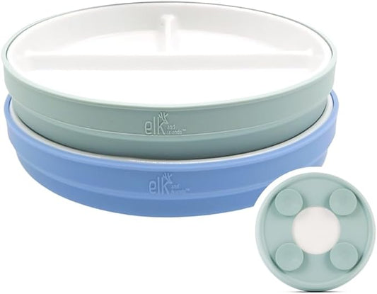 Elk and Friends Kids 7.8” Porcelain Divided Plates with Silicone Suction Sleeves | Suitable for Kids/Toddlers | Microwave & Dishwasher Safe | Non Slip | Snack Dishes | 2 Pack