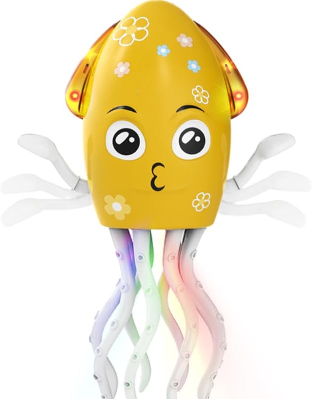 Dancing Octopus Toy Electric Crawling Baby Toy with Lights & Music Tummy Time Octopus Toy | DIY Expressions, Obstacle Avoidance | for Boys and Girls Party Gift Birthday, Christmas (Yellow)