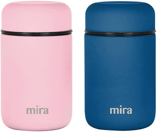 MIRA 2 Pack Insulated Food Jar Thermos for Hot Food & Soup, Compact Stainless Steel Vacuum Lunch Container, 13.5 oz, Denim, Rose Pink