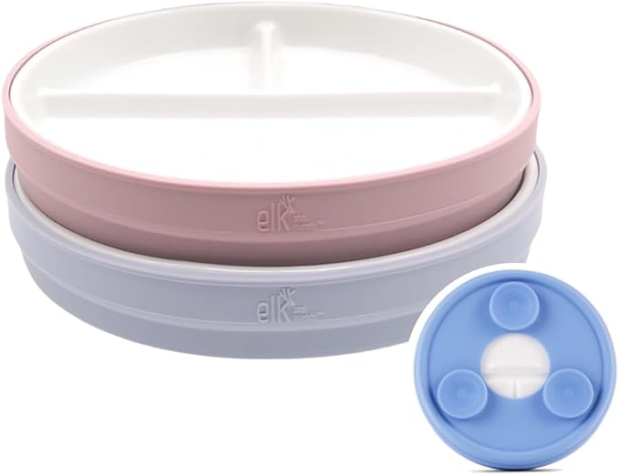 Elk and Friends Kids 6.7” Porcelain Divided Plates with Silicone Suction Sleeves | Suitable for Babies/Kids/Toddlers | Microwave & Dishwasher Safe | Non Slip | Snack Dishes | 2 Pack
