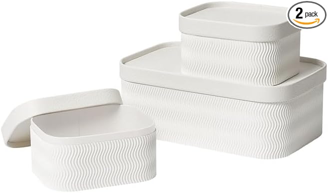 LA JOLIE MUSE Fluted Cardboard Storage Baskets with Leather-Like Lids, Paper Boxes Decorative Tray, Modern Basket Organizer Bins for Organizing,Eggshell White