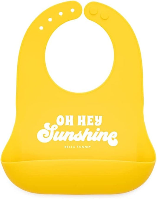 Baby Bib for Eating by Bella Tunno, Waterproof Silicone Bib with Large Food Catcher, Adjustable Fit for Babies 4-12 months & Toddlers 1-3 Years, Boys & Girls, Oh Hey Sunshine