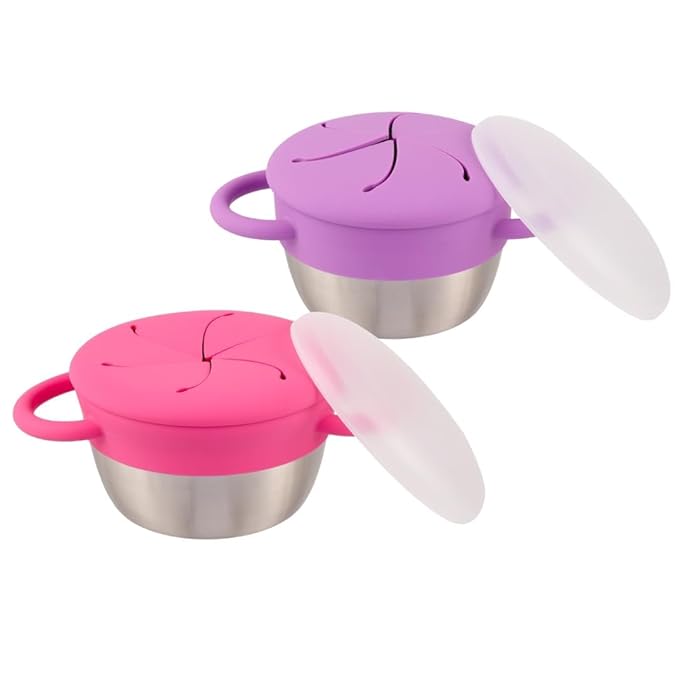 Elk and Friends Stainless Steel Snack Cups | Removable Silicone Food Catcher and Travel Lid | Spill-Proof Snack Containers for Baby, Toddler, Kids | Dishwasher Safe | 2 Pack
