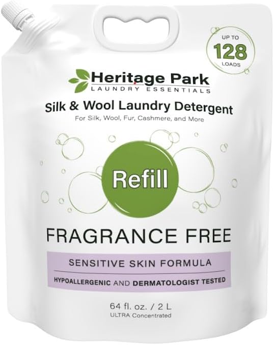 Heritage Park Silk & Wool Fragrance Free, Hypoallergenic, pH-Neutral Laundry Detergent - Dermatologist-tested, Sensitive Skin-Friendly, Enzyme-Free, Ultra Concentrated (64 fl oz Refill)