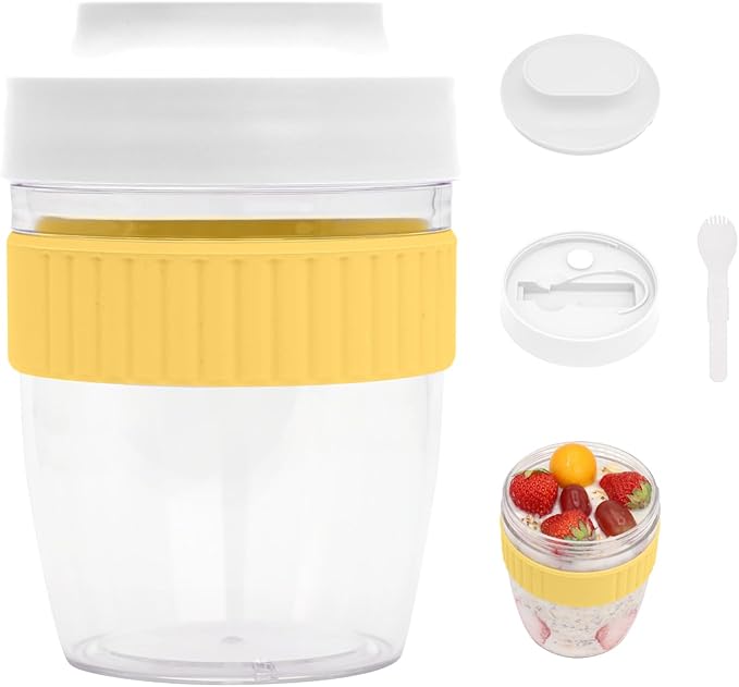 Breakfast On The Go Cups, Overnight Oats Containers With Lid And Folding Spoon, Take And Go Yogurt Cereal Snack Parfait Salad Containers For Lunch, Fruit & Vegetable Jar, 20 oz(Yellow)