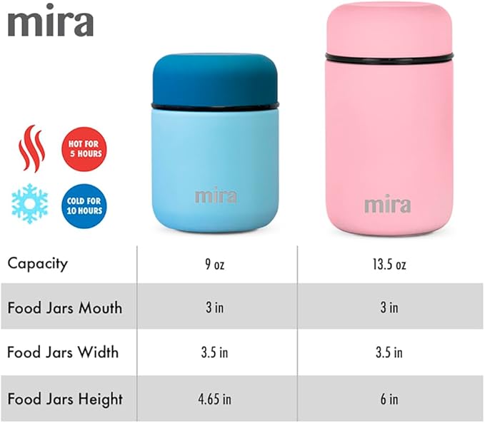 MIRA 2 Pack Insulated Food Jar thermos for Hot Food & Soup, Compact Stainless Steel Vacuum Lunch Container, 13.5 oz, Purple, Denim