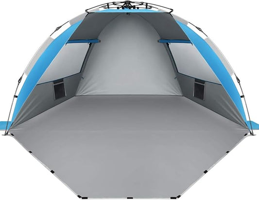 Oileus X-Large 4 Person Beach Tent Sun Shelter - Portable Sun Shade Instant Tent for Beach with Carrying Bag, Stakes, 6 Sand Pockets, Anti UV for Fishing Hiking Camping, Waterproof Windproof, Blue