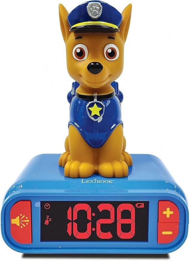 LEXiBOOK - Paw Patrol Chase Digital Alarm Clock with Night Light - Snooze Function - Dog Sound Effects - for Children/Kids - Luminous Clock with Chase, Blue/Red - RL800PA